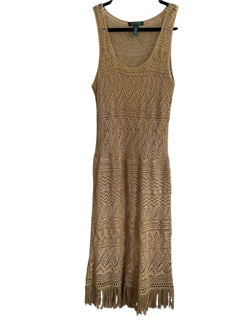 Lauren Ralph Lauren Linen Crochet Fringe Lined Midi Dress Tan Medium - Picture 4 of 13